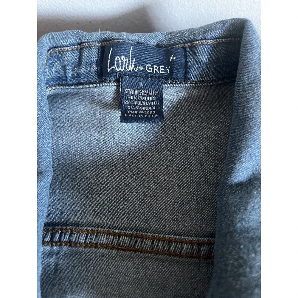 Lark + Grey Women’s Blue Denim Jacket Button Front Collared Stretch Short L